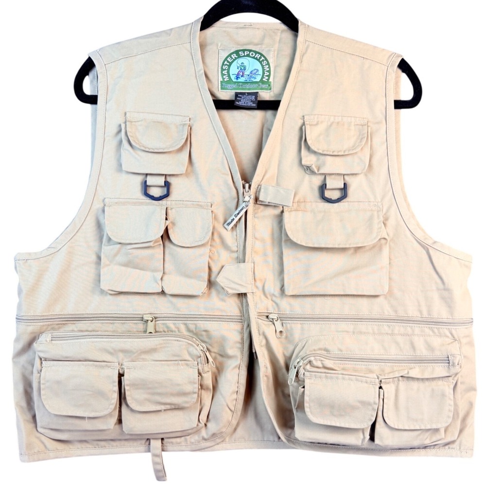 Master Sportsman Fishing Vest Mens Large Tan Khaki Multi Pocket Utility Outdoor